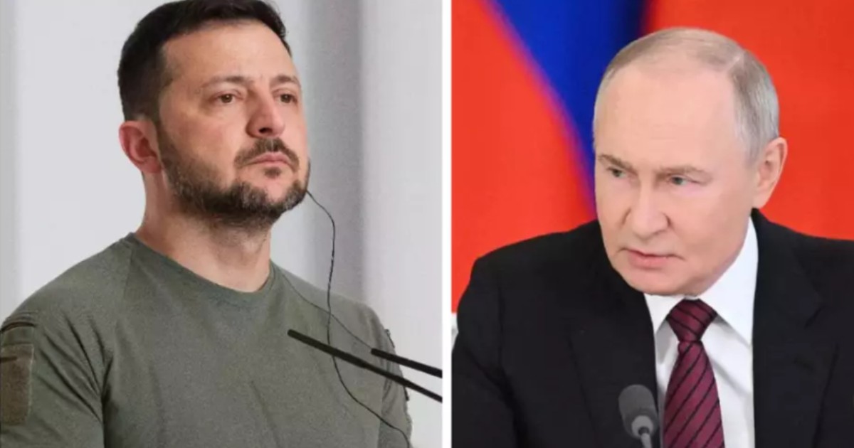 Volodimir Zelenski în partea stângă și Vladimir Putin în partea dreaptă