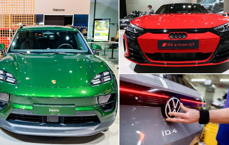 Colaj din trei cadre ce prezintă modele de vehicule electrice, incluzând un Porsche Macan Electric verde în stânga, un Audi RS e-tron GT roșu în dreapta sus și sigla unui Volkswagen ID.4 fiind atinsă cu mâna în dreapta jos.