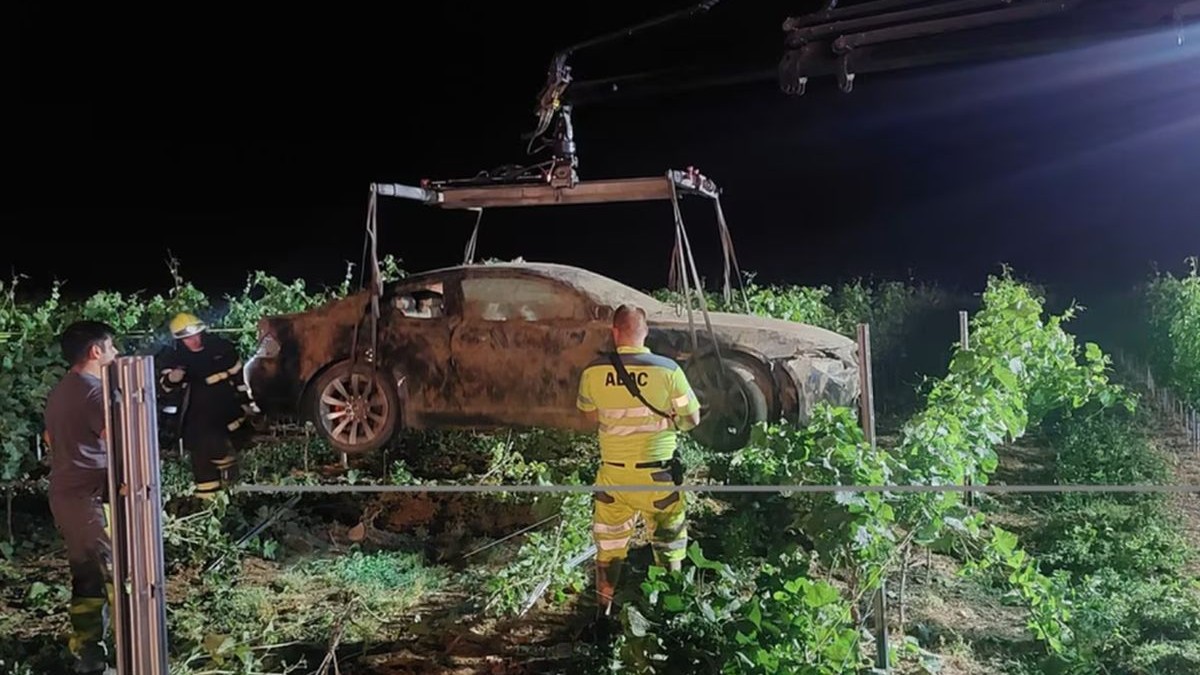 Doi reprezentanți ai autorităților scot cu un utilaj o mașină BMW din vie, după un accident rutier în care a fost implicat un român, în Germania, 26 iunie 2025