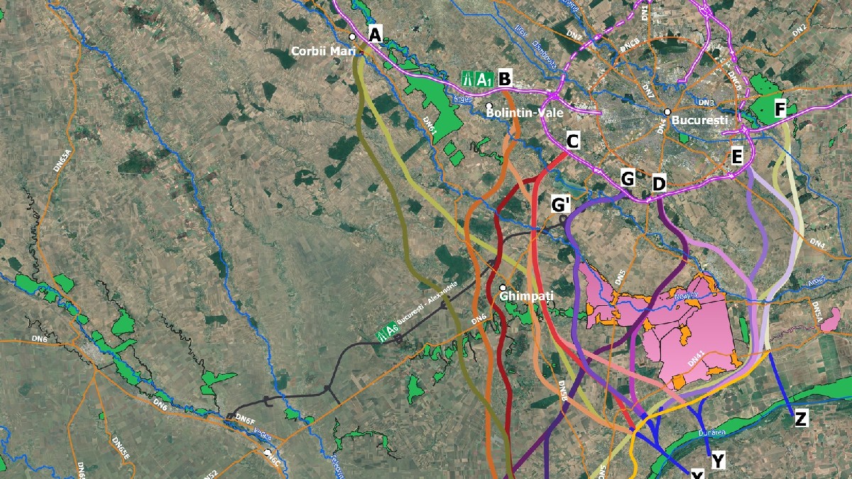 O hartă reprezentând cele 16 trasee analizate pentru drumul de mare viteză București - Giurgiu