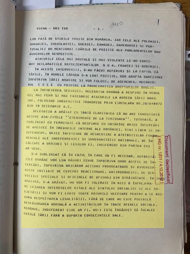 Telegrama ambasadorului român la Viena din 20 decembrie 1989