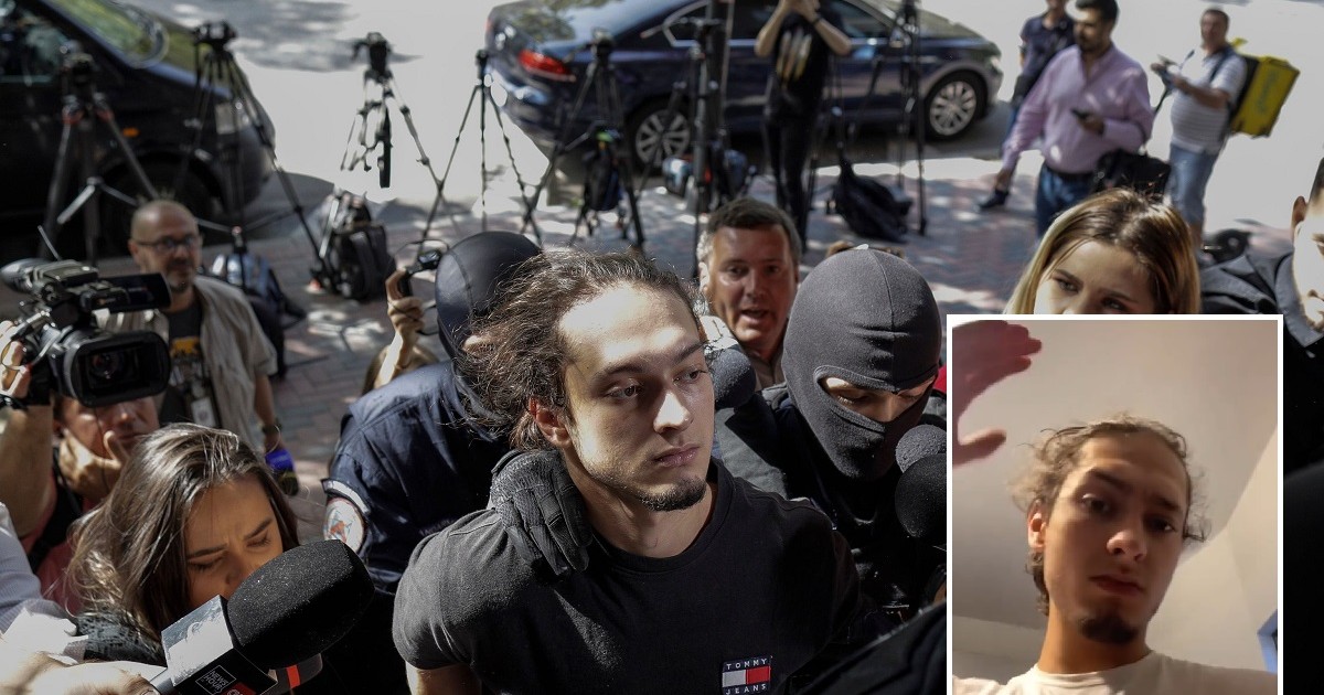 Tudor Duma, zis Maru, în momentul în care a fost adus la audieri, la Diicot. În medalion, Duma filmându-se cu polițiștii în casă. Foto: Inquam Photos/ Octav Ganea / Captură video TikTok