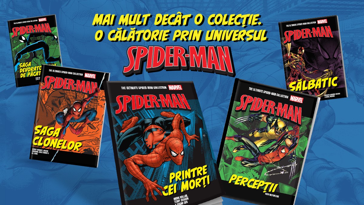 Banner cu colecția Ultimate Spider Man, pe fundal albastru, cu cartonașe colorate