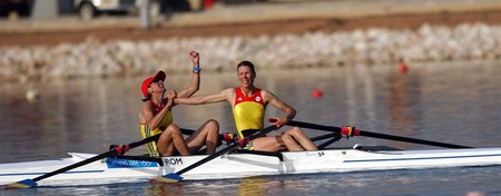 The Olympic Games gold medal remained in Romanian hands for third the Olympic Games when Constanta Burcica (R) and Angela Alupei (L) pushed the German and Netherland pairs into the silver and bronze medal places. Romania's Constanta Burcica and Angela Alupei win gold in the women's lightweight double sculls. Athens, 22 August 2004