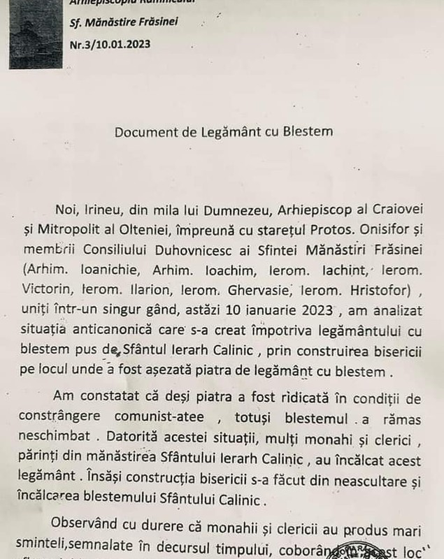 Mitropolitul Irineu al Olteniei blestemă preoții și credincioșii care frecventează o biserică despre care spune că a fost construită pe un loc blestemat. Reacția Patriarhiei