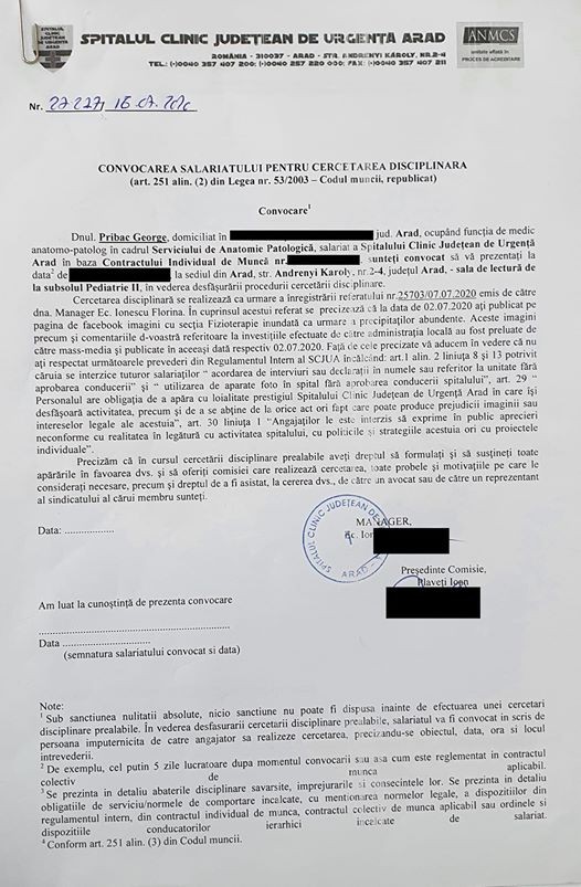 Documentul prin care medicul e anunțat că este cercetat disciplinar