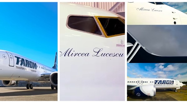 Primul Boeing 737 MAX al Tarom, colaj cu fotografii care arată diverse părți ale aeronavei.