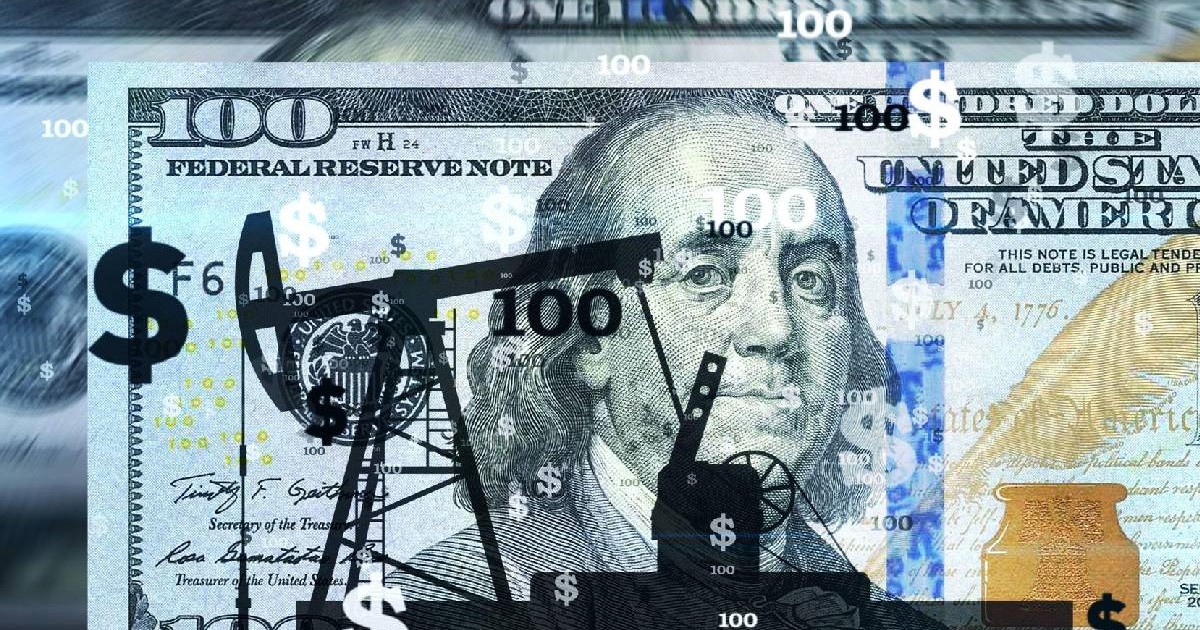 În imagine se vede o bancnotă de 100 de dolari și umbra unei fântâni de petrol