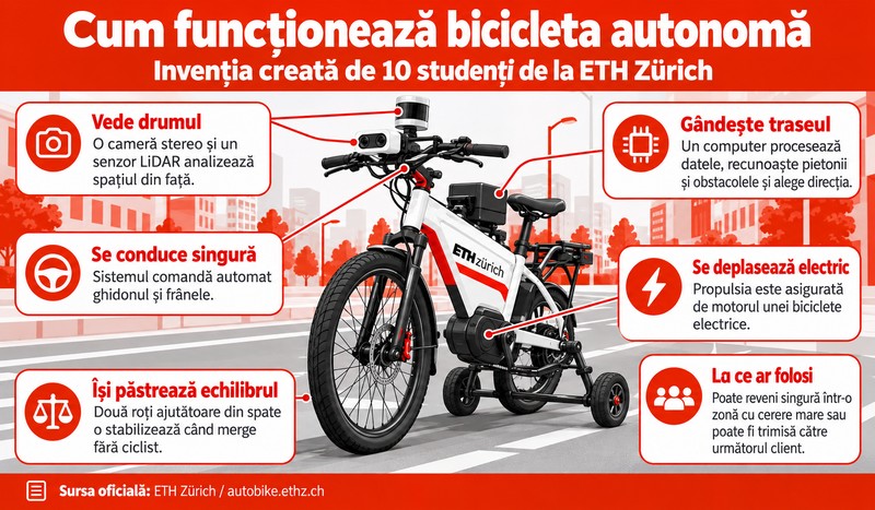 Cum funcționează bicicleta autonomă AutoBike. Imagine realizată cu ajutorul inteligenței Artificiale