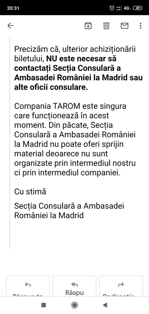 Răspunsul primit din partea Secției Conculare