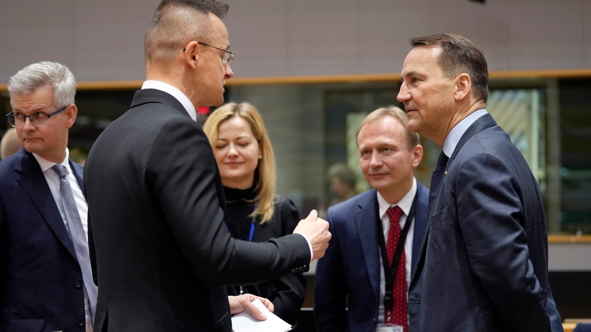 Peter Szijjarto (stânga, prim-plan) surprins în timpul unei discuții la Bruxelles cu Radoslaw Sikorski (dreapta, prim-plan) Foto: Profimedia