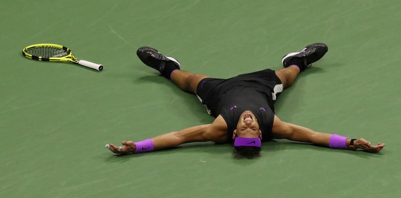 epaselect epa07829047 Rafael Nadal of Spain reacts after defeating Daniil Medvedev of Russia during the men's final match on the fourteenth day of the US Open Tennis Championships the USTA National Tennis Center in Flushing Meadows, New York, USA, 08 September 2019. The US Open runs from 26 August through 08 September. EPA-EFE/BRIAN HIRSCHFELD