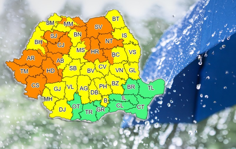 Aproape toată țara, sub cod portocaliu și galben de ploi torențiale și vijelii