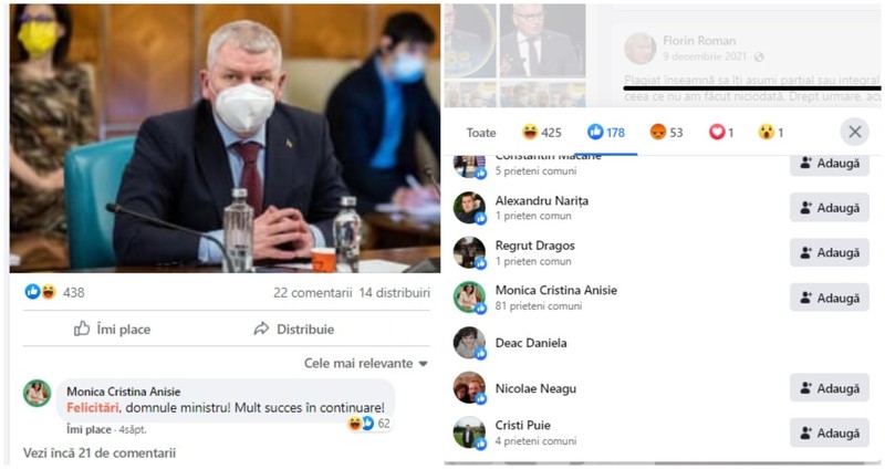 Anisie l-a felicitat pe Roman a doua zi după ce aprecia postarea prin care Roman nega plagiatul. Capturi Facebook