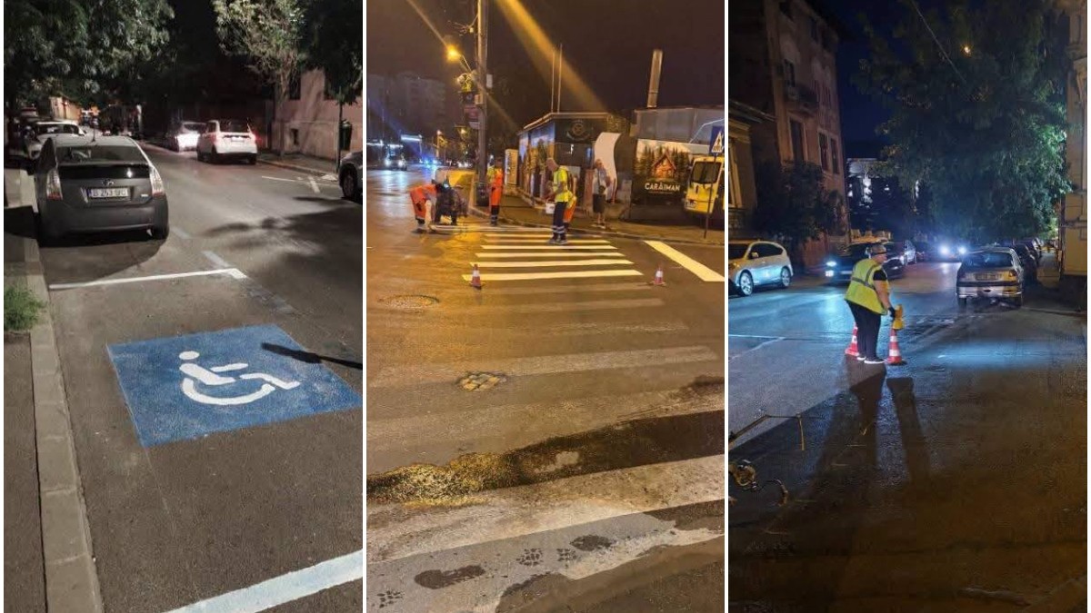 Imaginea este un colaj din trei fotografii care prezintă lucrări de noapte pentru trasarea marcajelor rutiere pe străzile din București, inclusiv trasarea unui loc de parcare pentru persoane cu dizabilități și a trecerilor de pietoni.