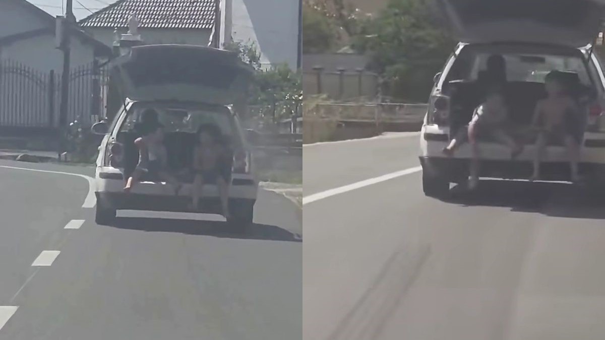 Bărbat din Gorj, amendat cu 1.730 de lei după ce a transportat doi copii în portbagajul maşinii, cu capota ridicată. Sursă foto: Colaj foto Facebook /Anamaria Mitroi.