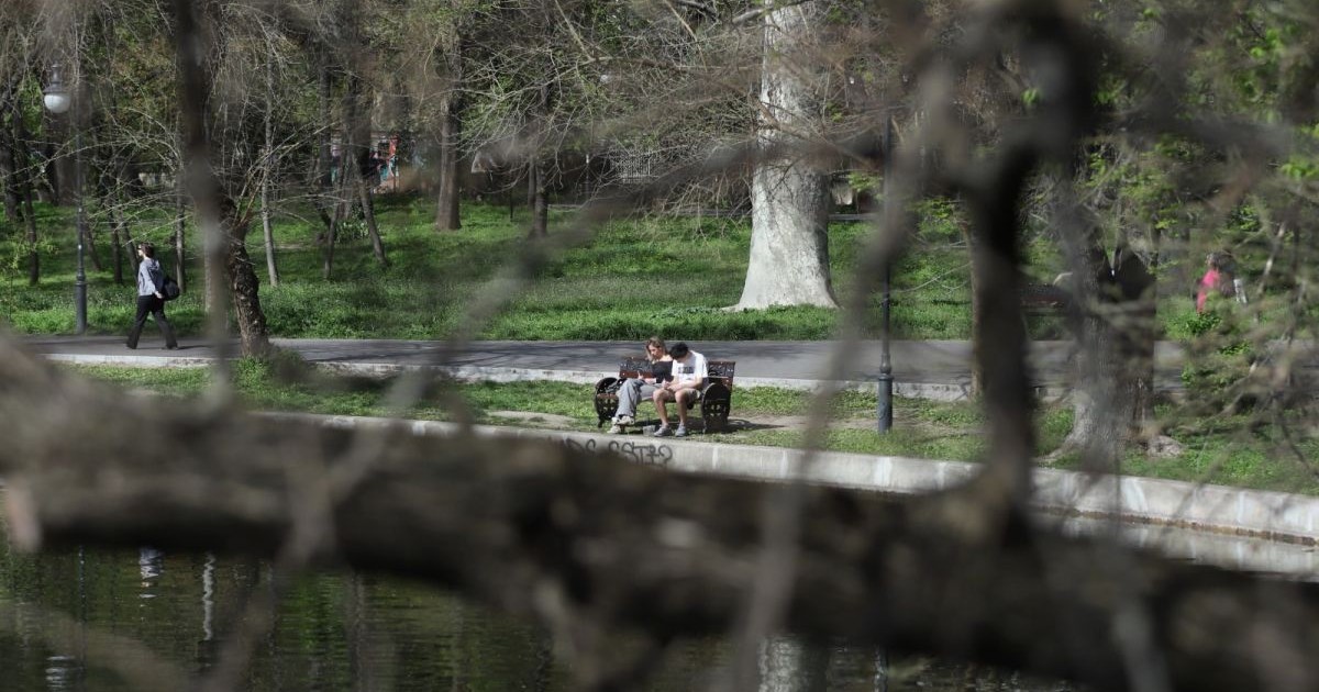 Doi tineri care stau pe o bancă în parc se văd printre crengile unui copac, în fața lor se vede apa, iar prin spatele lor trece o femeie pe o alee, Parcul Cișmigiu, București, 22 aprilie 2025