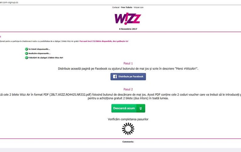 Mare atenție! Țeapa cu bilete gratuite la WizzAir care circulă pe Facebook. Cum să te ferești de ea