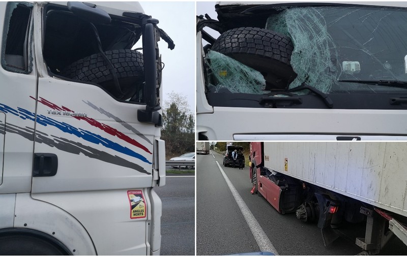Roata unui TIR s-a desprins și a zburat în cabina altui camion care circula din sens opus, pe autostradă în Franța
