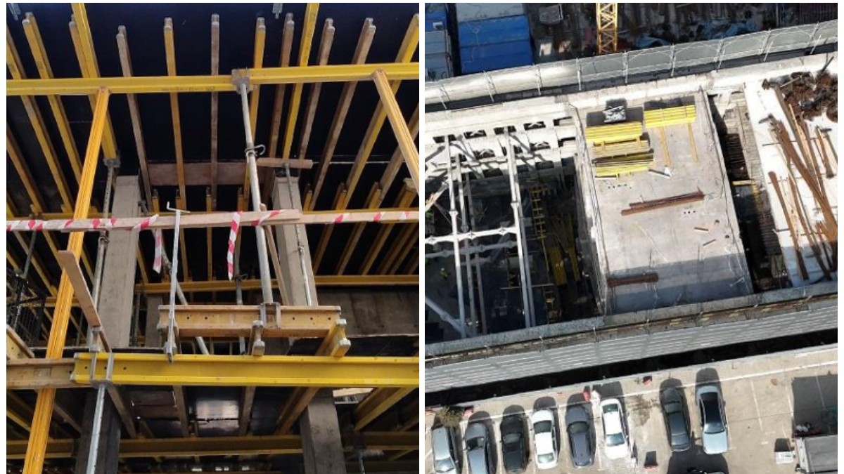 În stânga, se poate observa o vedere de la nivelul solului, unde sunt vizibile elemente structurale din beton și schele metalice sprijinite de grinzi galbene. În dreapta, imaginea aeriană surprinde o vedere de sus a aceluiași șantier.
