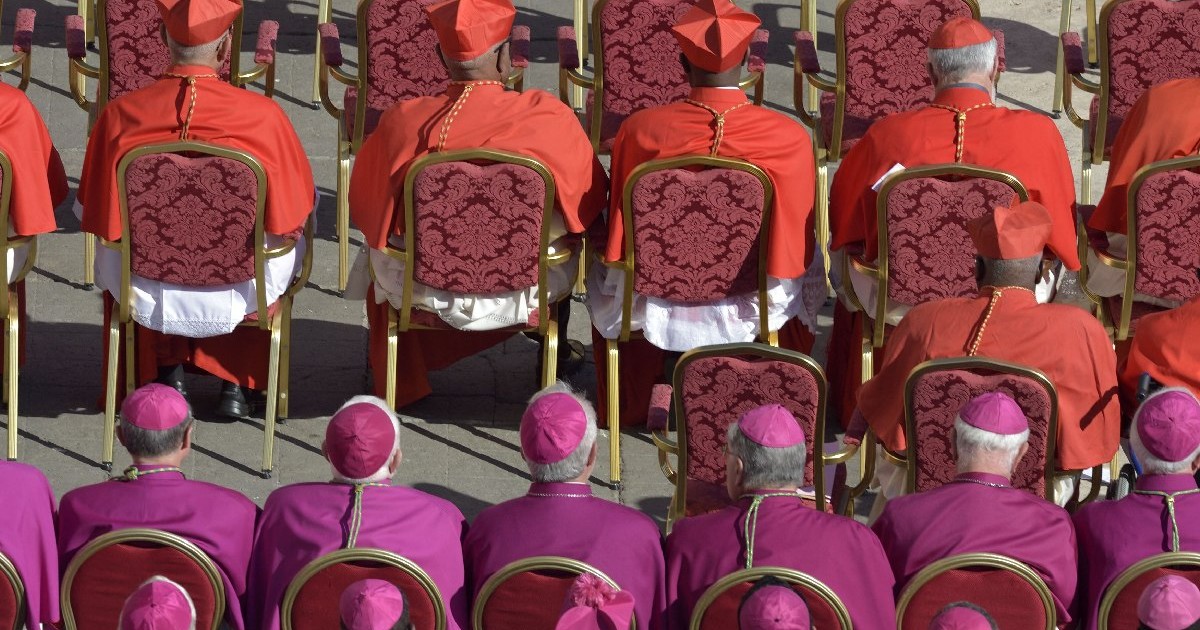 Mai mulți cardinali ai Bisericii Catolice, îmbrăcați în roșu sau roz, stau așezați pe scaune roșii