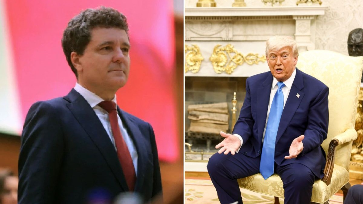 colaj foto format din 2 fotografii - Nicușor Dan, în picioare, în timpul depunerii jurământului și DonaldTrump (dreapta) așezat pe un scaun auriu