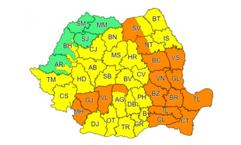 Harta zonelor vizate de cod galben și portocaliu, până sâmbătă, ora 23.00