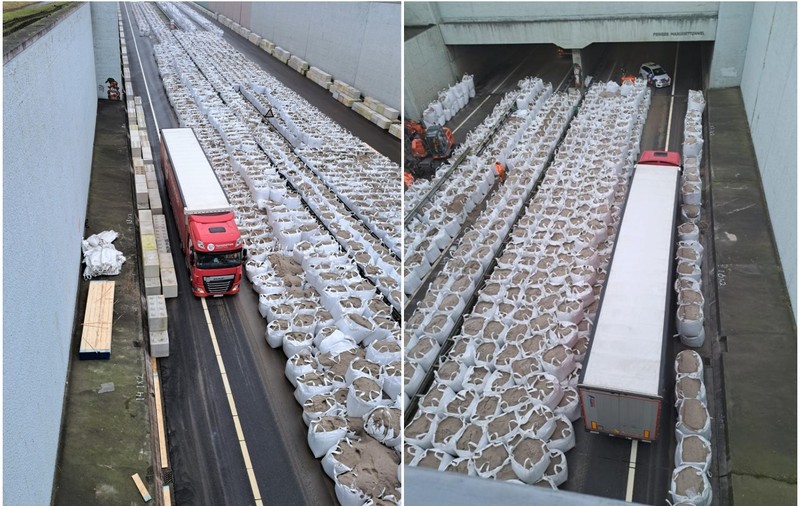 Șofer român de TIR, blocat cu camionul între 10.000 de saci de nisip, pe o autostradă din Olanda