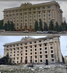 Administrația regională de stat din Harkov, înainte de bombardament (foto sus) și după bombardament | Surse foto: Google Street View și Profimedia