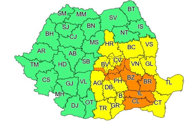 Harta zonelor vizate de cod galben și cod portocaliu, până pe 4 septembrie, ora 23.00