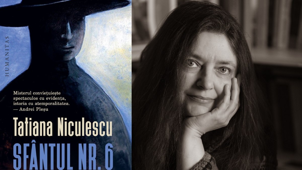 În stânga, coperta cărții „Sfântul Nr.6”, lansată de Humanitas, în dreapta, scriitoarea Tatiana Niculescu