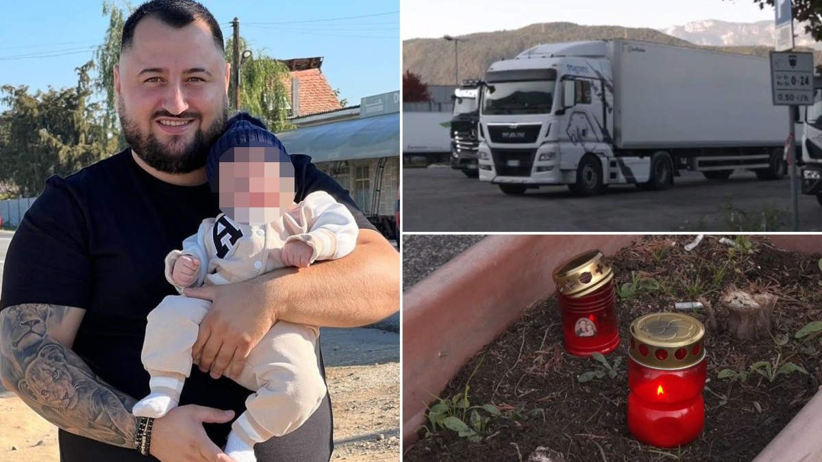 Colaj din trei fotografii: în stânga un bărbat cu barbă și tatuaje ține în brațe un bebeluș. În dreapta sus este un camion alb parcat, iar în dreapta jos sunt două lumânări într-o jardinieră.