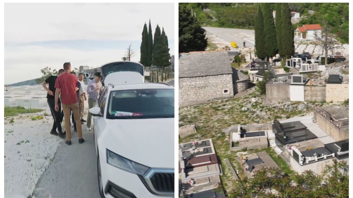 Colaj din 2 poze: în dreapta cimitirul, în stînga jurnaliștii bătuți lângă o mașină
