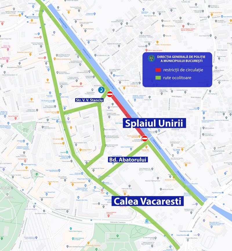 Restricțiile de circulație pe Splaiul Unirii, pentru „Dâmbovița Delivery”, și ruta ocolitoare recomandată de polițiști. Foto: Brigada Rutieră