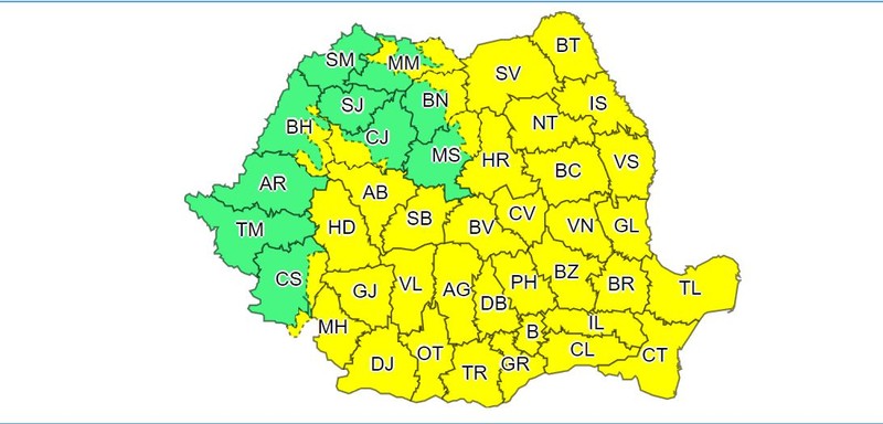 Cod galben de intensificări ale vântului valabil duminică 18 septembrie între orele 02-20 Sursa: ANM