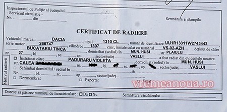 Certificatul de radiere care dovedește că mașina bărbatului mort de doi ani a fost retrasă din circulație