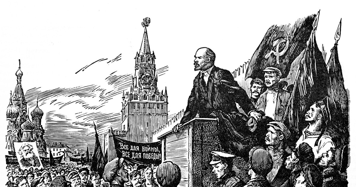 Ilustrație care îl prezintă pe Lenin adresându-se unei mulțimi în timpul Războiului Civil din 1920