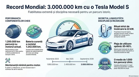 Premieră mondială: Tesla Model S ajunge la 3.000.000 km parcurși. Infografic realizat cu ajutorul Inteligenței Artificiale