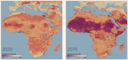 Africa acum și în 2070, în cel mai pesimist scenariu. Culoarea închisă reprezintă zona cu condiții nepotrivite de locuire Sursa: Financial Times
