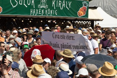 Momentul în care ultranaționalistul Mihai Târnoveanu a ridicat o pancartă cu „Transilvania, pământ românesc!” Foto: Eli Driu / Libertatea
