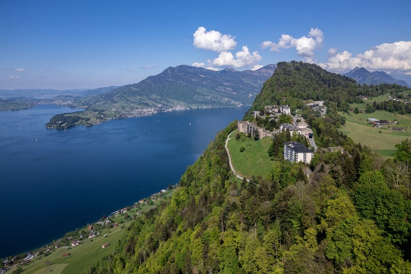 An aerial picture taken on May 10, 2024 shows the Burgenstock resort above Lake Lucerne.,Image: 872831745, License: Rights-managed, Restrictions: , Model Release: no