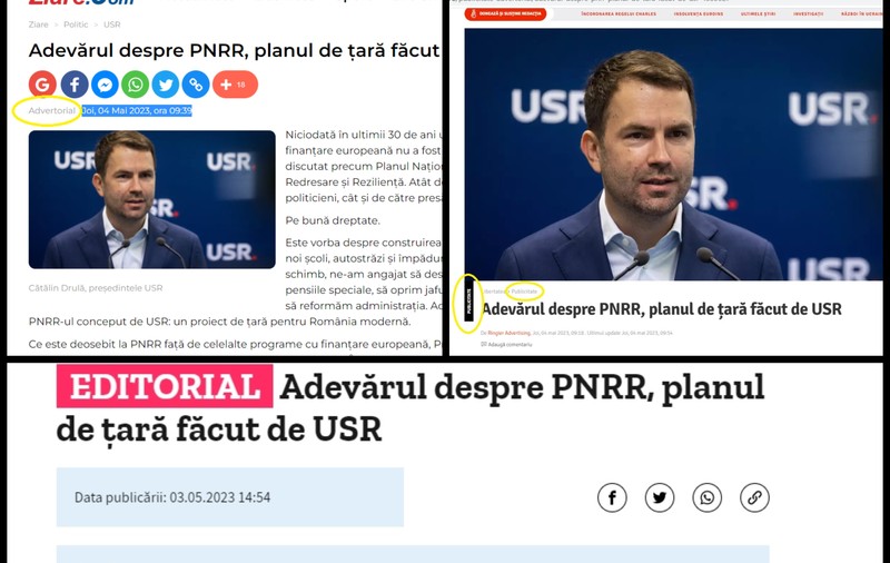 USR a ieșit cu același text, pe trei site-uri de știri, ca publicitate politică, pe altul - ca editorial, nemarcat