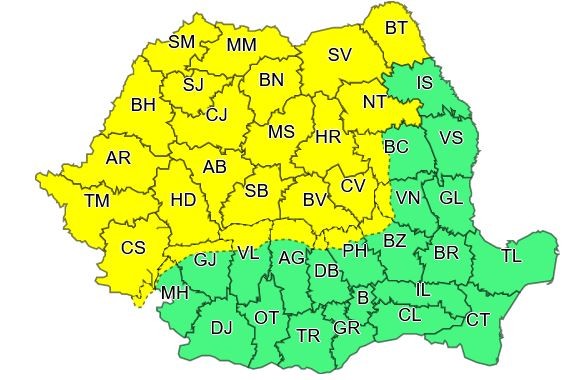 Zonele aflate sub avertizare meteo de cod galben până duminică la ora 18.00