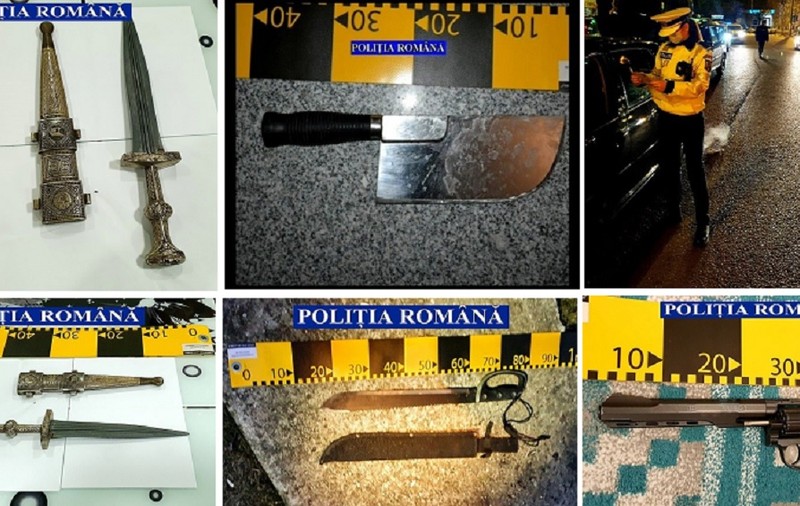 Cuțite, săbii și un pistol, găsite în urma unor percheziții într-un dosar de tâlhărie, după o bătaie între interlopi, la Ploiești. 5 persoane au fost reținute