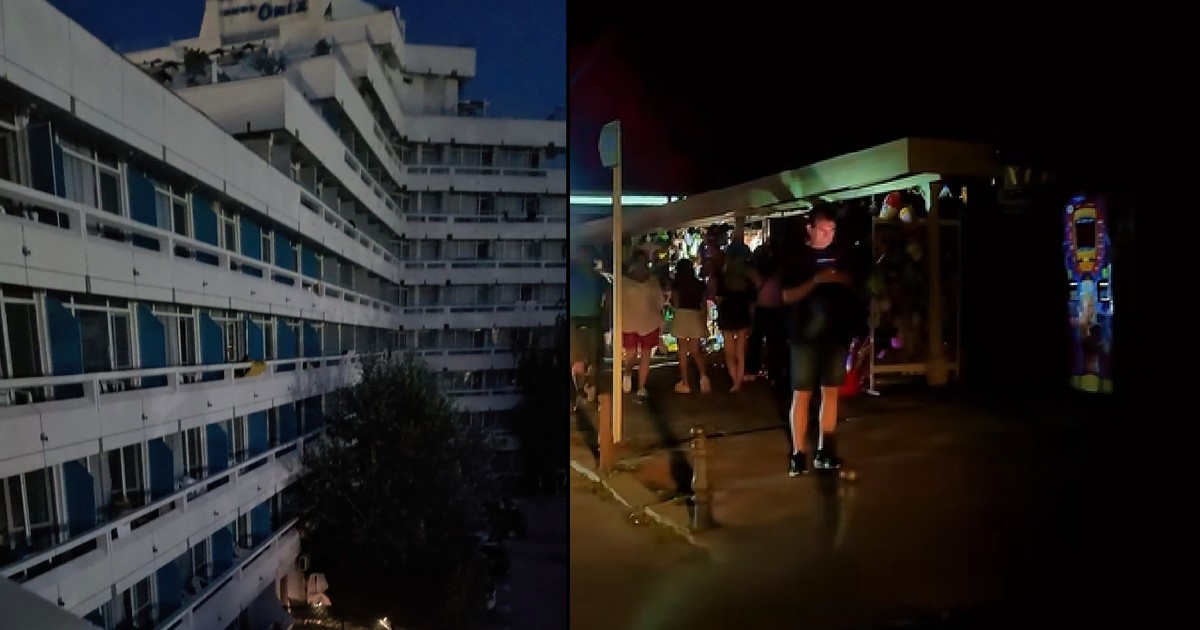 un hotel de pe litoralul românesc în beznă// Oameni care se plimbă pe întuneric pe o stradă din Saturn