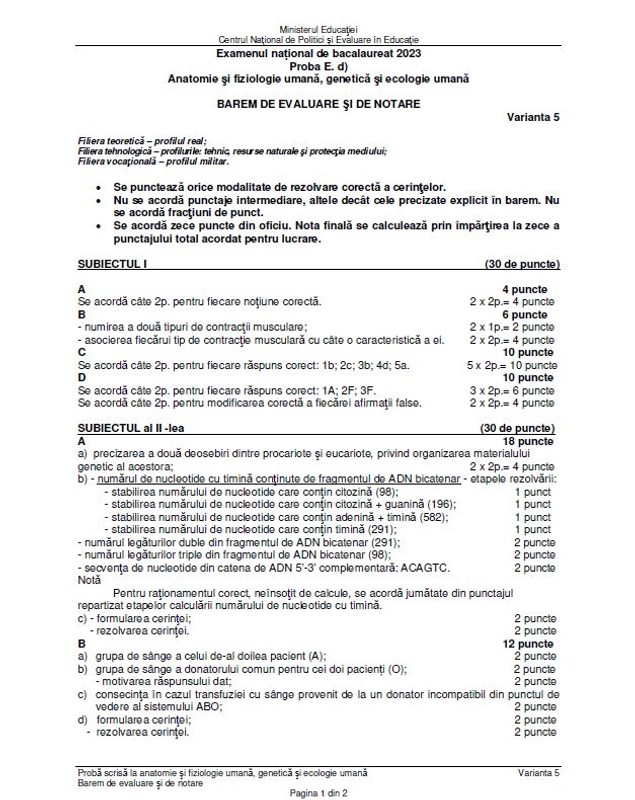 Baremul de corectare pentru proba de Biologie și Anatomie Bacalaureat 2023 a fost publicat de Ministerul Educației. Cum trebuiau rezolvate subiectele