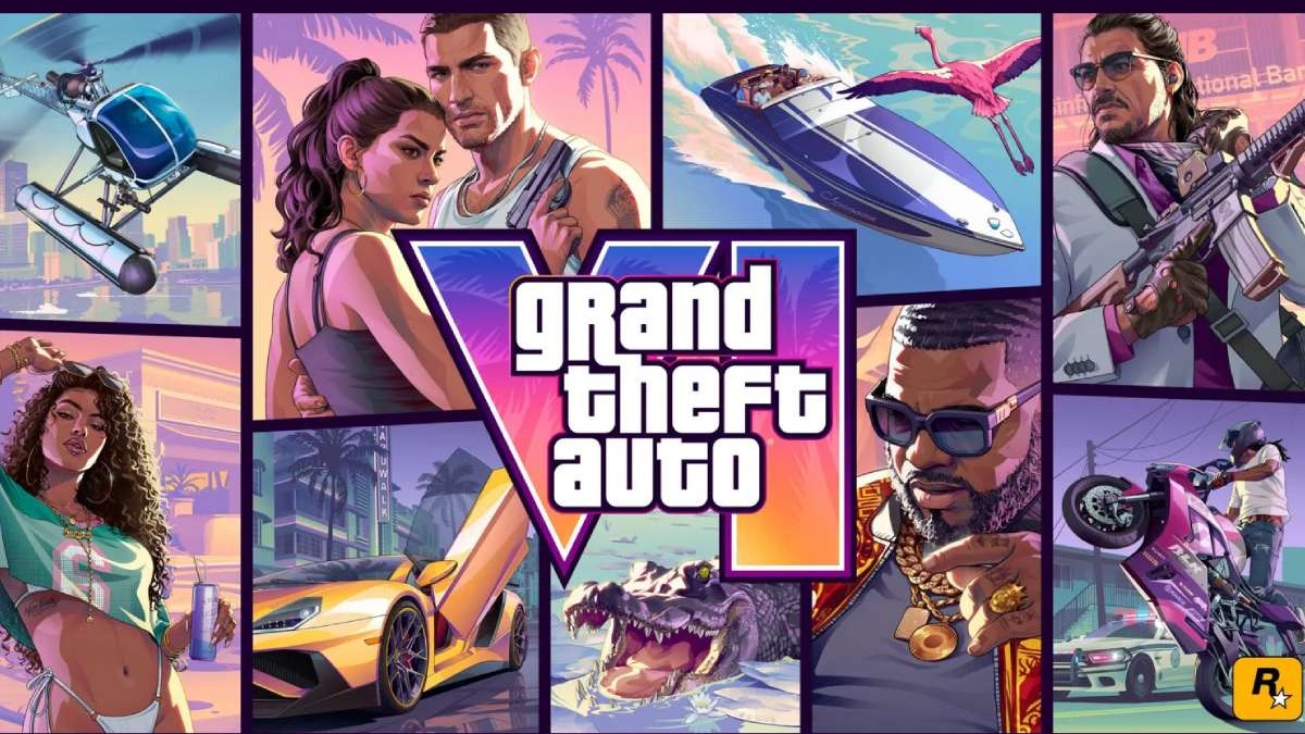 Coperta jocului GTA 6, cu personaje stilizate în stilul recunoscut, și logo-ul Grand Theft Auto în mijlocul colajului.