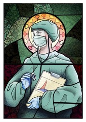 Medic prezentat ca sfânt. Ilustrație de Wanda Hutira. Foto: Cătălin Dobre, Creative Director McCann CEE / Facebook