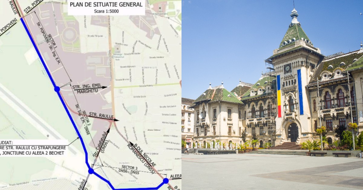 Un colaj cu două fotografii, în imaginea din stânga este o harta a orașului Craiova pe care este marcat cu albastru un drum, iar în a doua imagine este Primăria Craiova