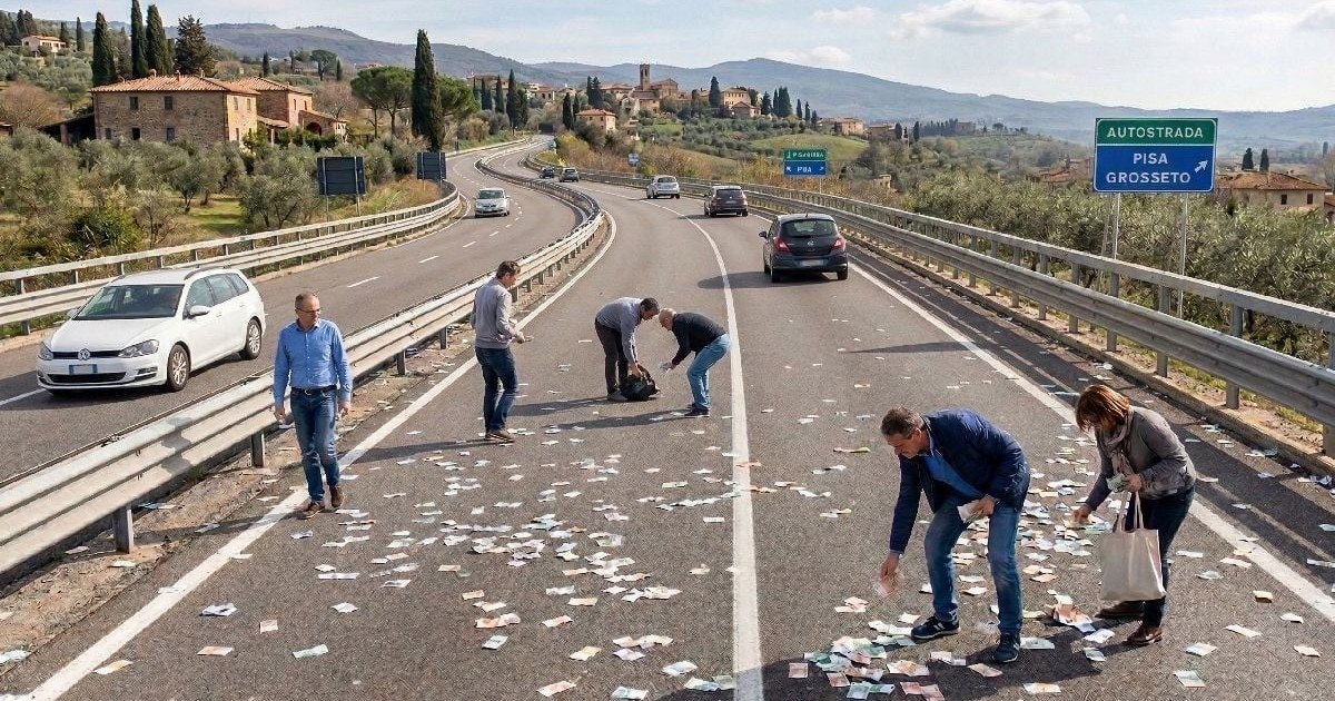 Imaginea generată de AI care arată mai multe persoane care adună bani împrăștiați pe o șosea, într-o zonă rurală, cu mașini care circulă pe ambele sensuri și indicatoare pe partea dreaptă a drumului.